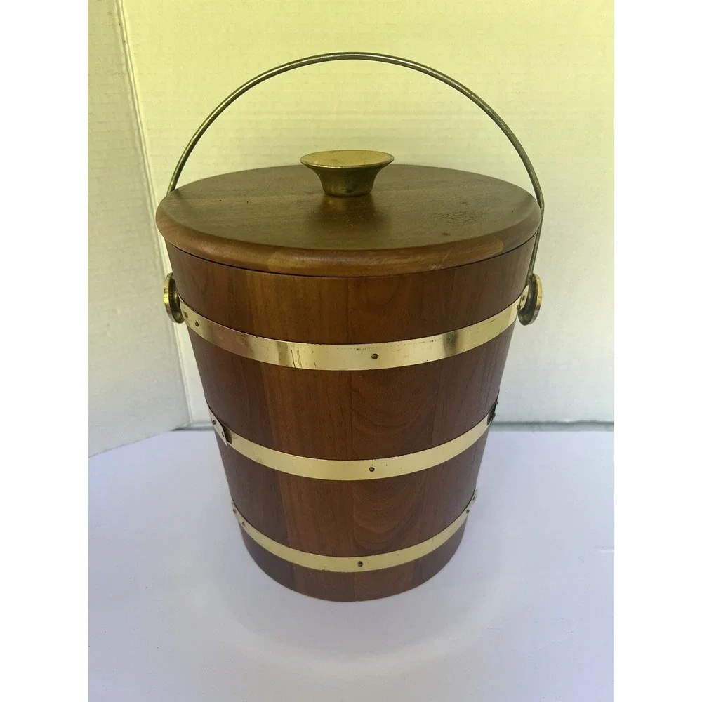 Ice Bucket Walnut Wood Vermillion Brass Vintage liner bucket‎  MCM
